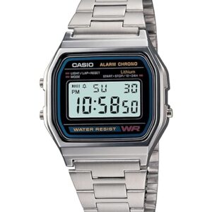 Home casio vintage a 158wa 1q digital grey dial unisex watch silver metal strap (d011)